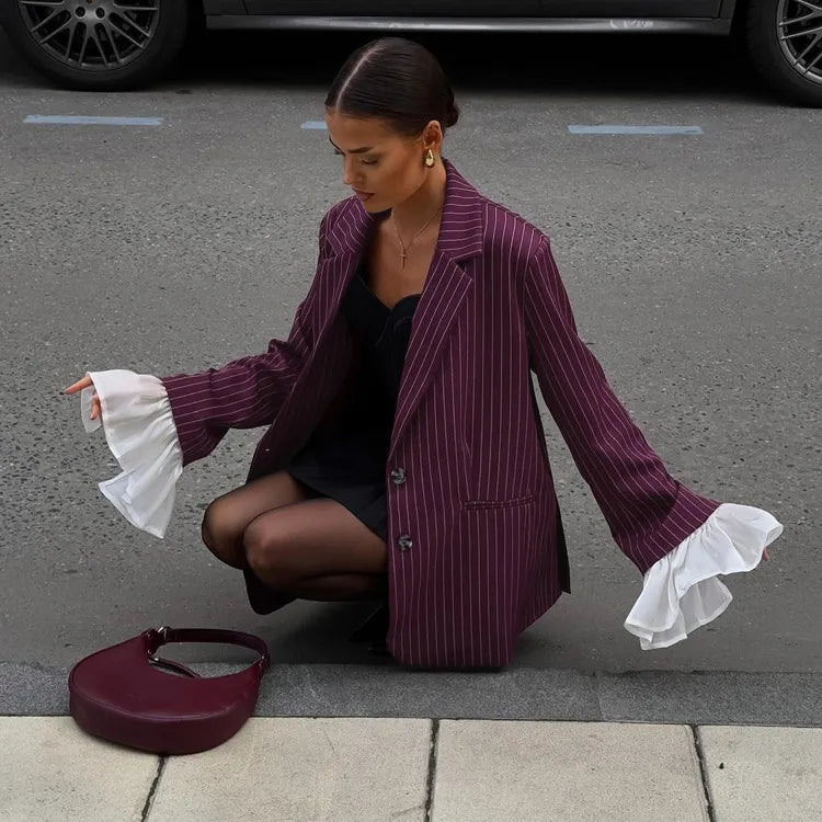 Women's Tailored Blazer with Striped Print & Ruffle Cuffs | Oversized