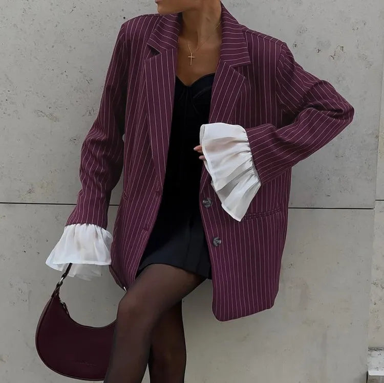 Women's Tailored Blazer with Striped Print & Ruffle Cuffs | Oversized