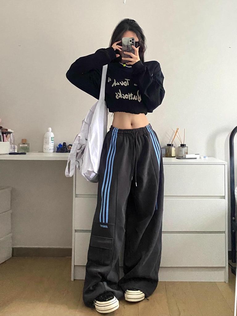 Women's Trackpants Wide Leg Cargo Striped Baggy | High Waist