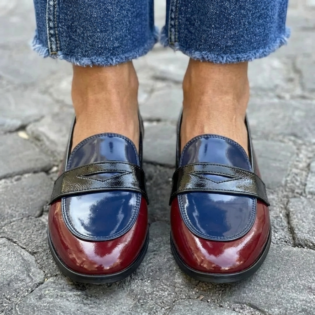 Women's Two-Tone Penny Loafers with Glossy Finish | Work Flats