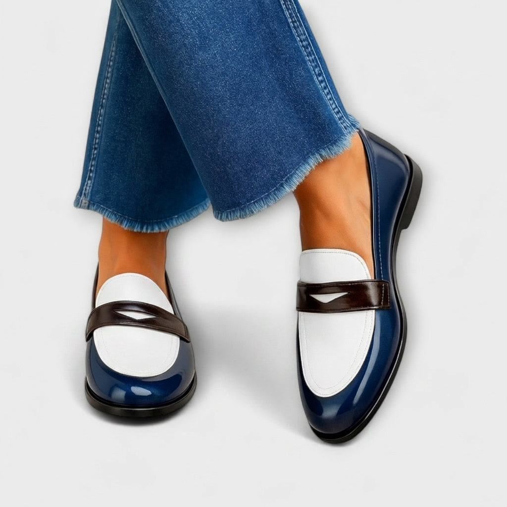 Women's Two-Tone Penny Loafers with Glossy Finish | Work Flats