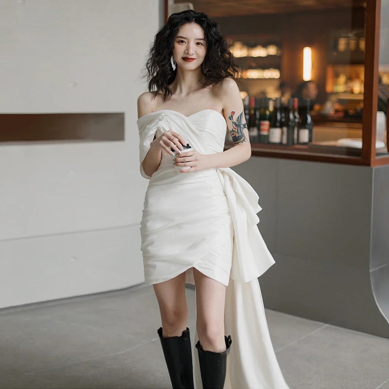 Women’s Wedding Dress Mini With Train Strapless | Bridal Gown