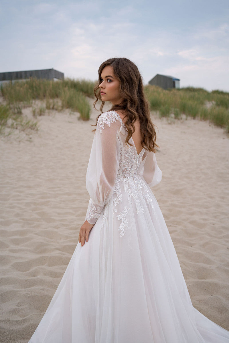 Women’s Wedding Dress Sheer Lace Long Sleeve with Slit | Maxi