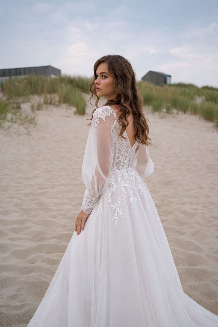 Women’s Wedding Dress Sheer Lace Long Sleeve with Slit | Maxi