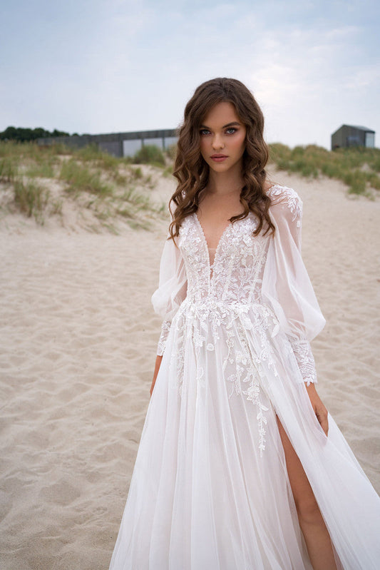 Women’s Wedding Dress Sheer Lace Long Sleeve with Slit | Maxi