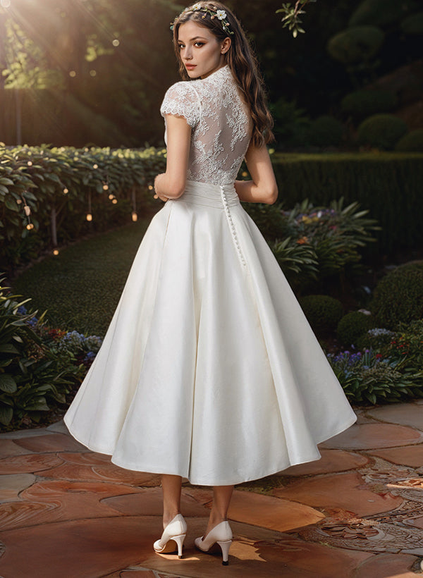 Women’s Wedding Dress V-Neck Short Sleeve | Elegant Midi