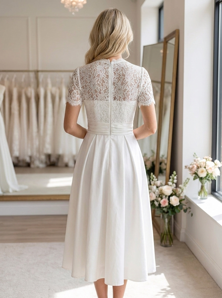 Women’s Wedding Dress V-Neck Short Sleeve | Elegant Midi