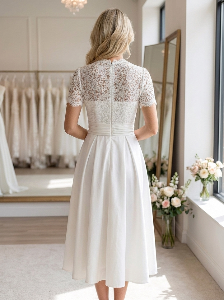Women’s Wedding Dress V-Neck Short Sleeve | Elegant Midi
