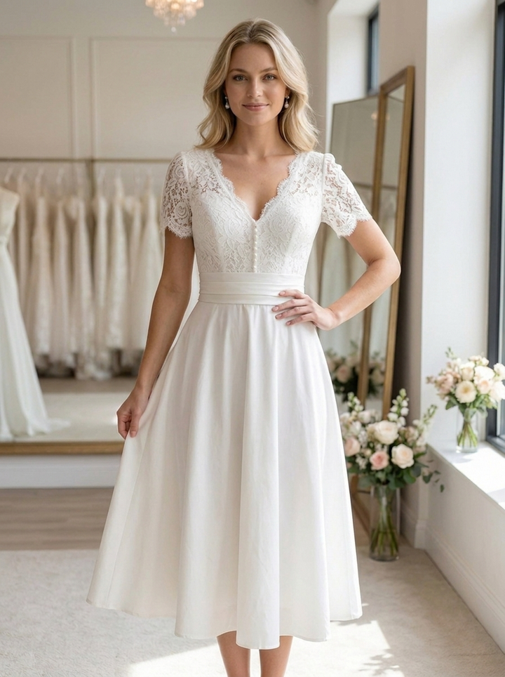Women’s Wedding Dress V-Neck Short Sleeve | Elegant Midi