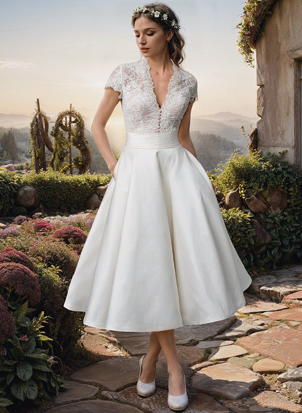 Women’s Wedding Dress V-Neck Short Sleeve | Elegant Midi