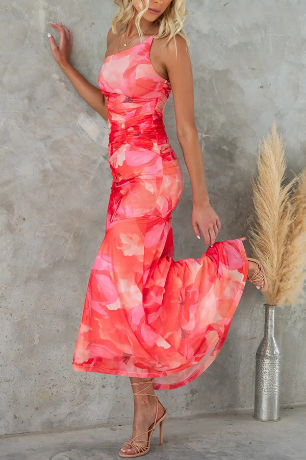 Women's Wedding Guest Dress One Shoulder Floral | Midi