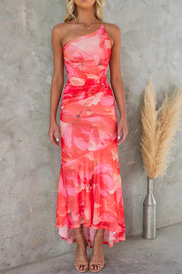 Women's Wedding Guest Dress One Shoulder Floral | Midi