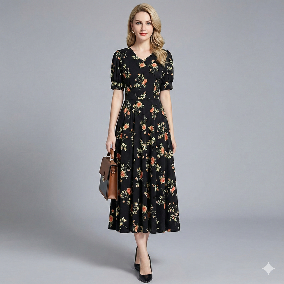 knee length dresses for ladies Long Sleeve Hot Pink Floral Midi Wedding Guest Dress M main image 0