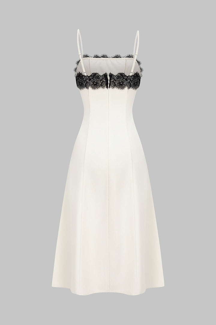 Women's White Dress Midi with Black Lace | Evening