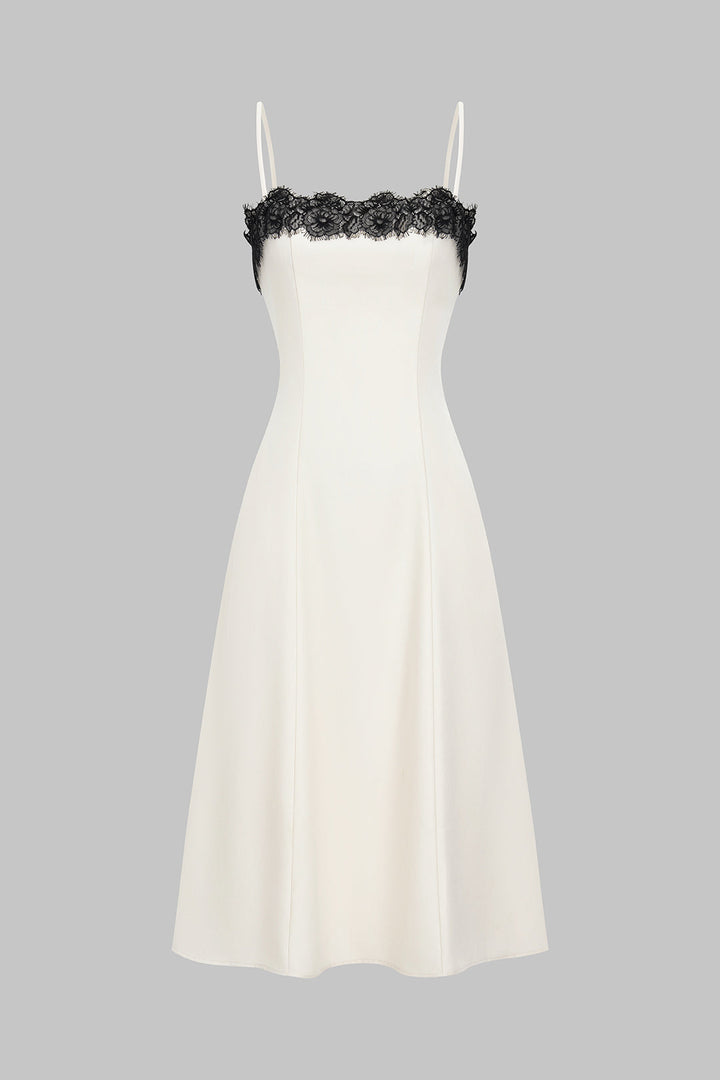 Women's White Dress Midi with Black Lace | Evening