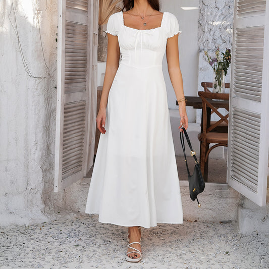 Women's White Dress Puff Sleeve Square Neck | Maxi