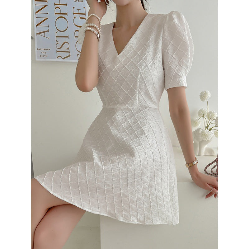 Women's White Dress Puff Sleeve V-Neck | Mini