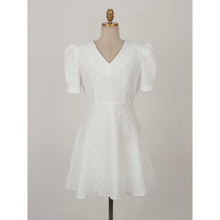 Women's White Dress Puff Sleeve V-Neck | Mini