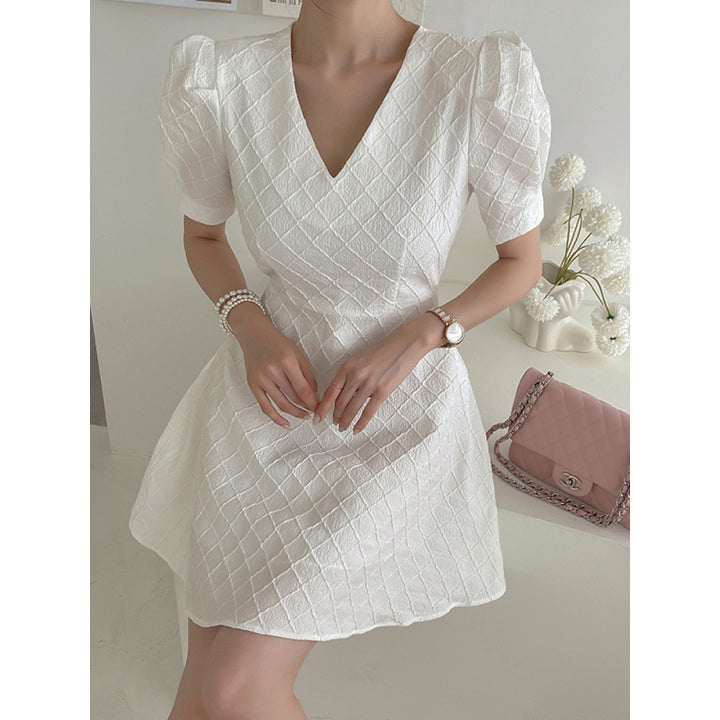 Women's White Dress Puff Sleeve V-Neck | Mini