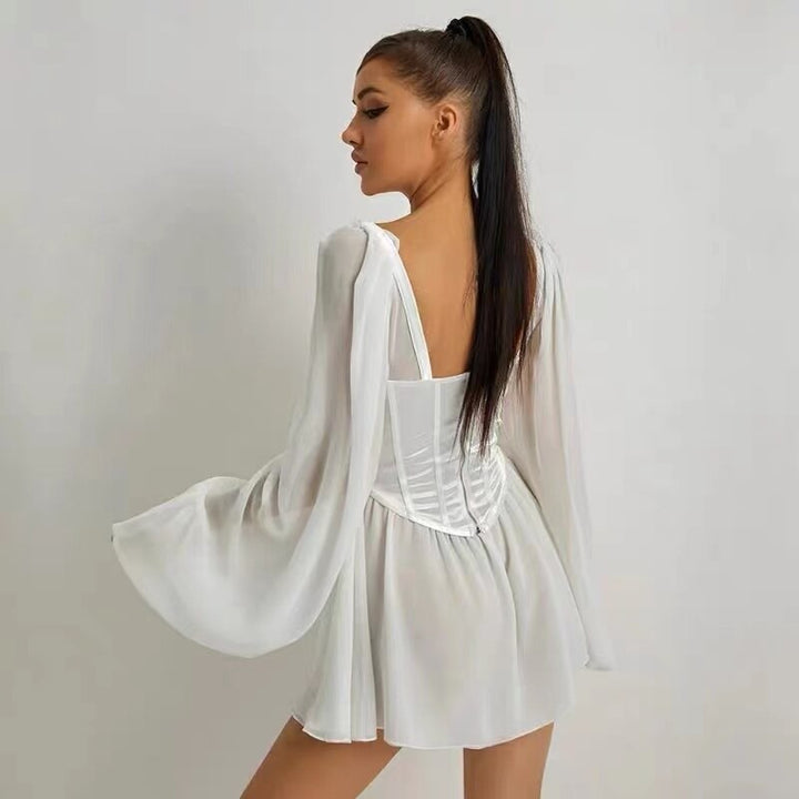 Women's White Mini Dress Corset Long Sleeve | Party