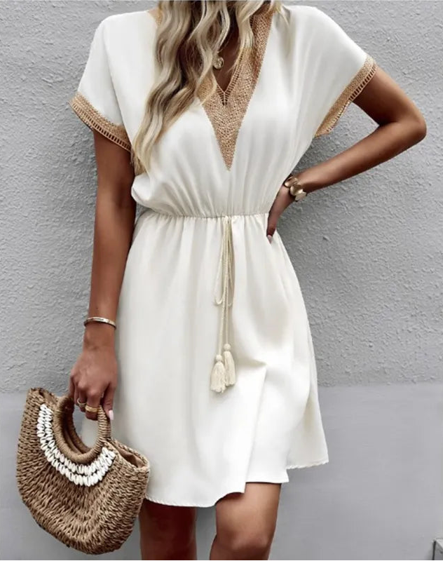 Women's White Mini Dress V-Neck Drawstring