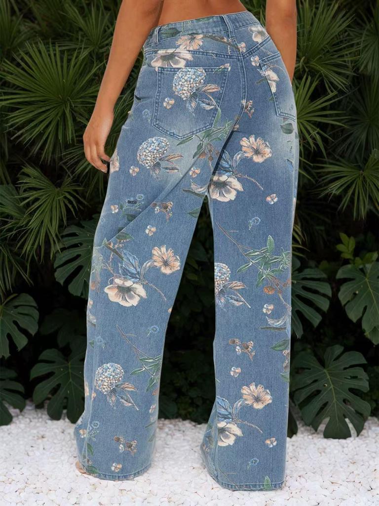 Women's Wide Leg Jeans with Floral Print & Rips | High Rise