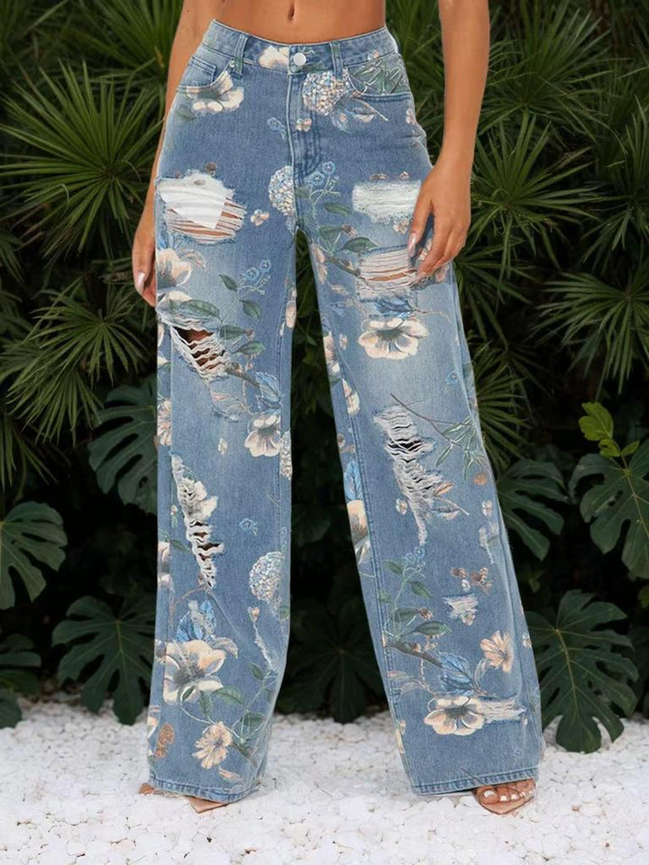 Women's Wide Leg Jeans with Floral Print & Rips | High Rise