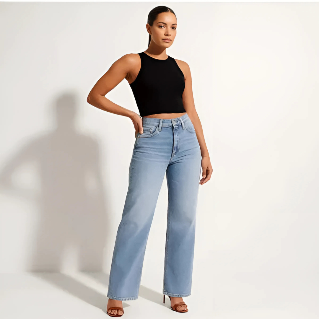 Women's Wide Leg Jeans with High Rise Waist | Straight Cut