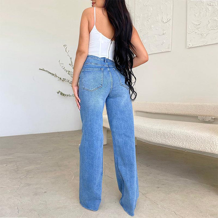 Women's Wide Leg Jeans with Ripped Knees & Raw Hem | High Rise
