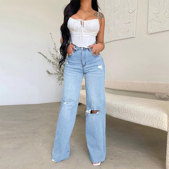 Women's Wide Leg Jeans with Ripped Knees & Raw Hem | High Rise
