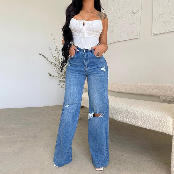 Women's Wide Leg Jeans with Ripped Knees & Raw Hem | High Rise