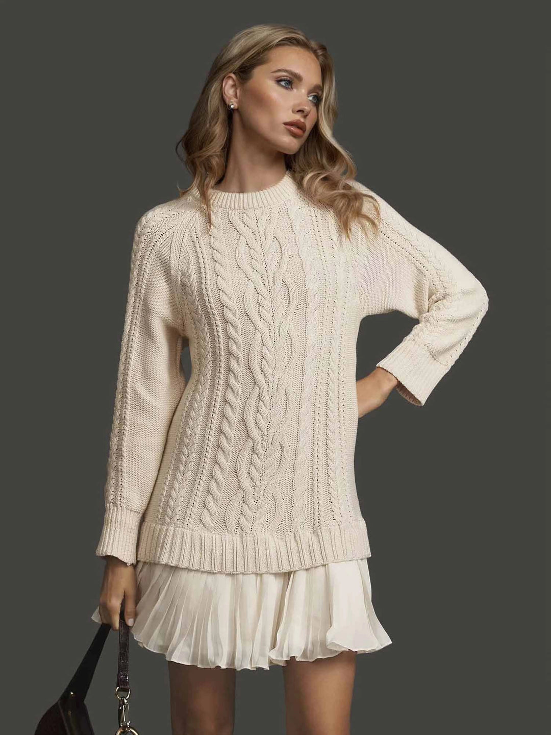Women's Winter Dress Cable Knit with Pleated Hem | Long Sleeve
