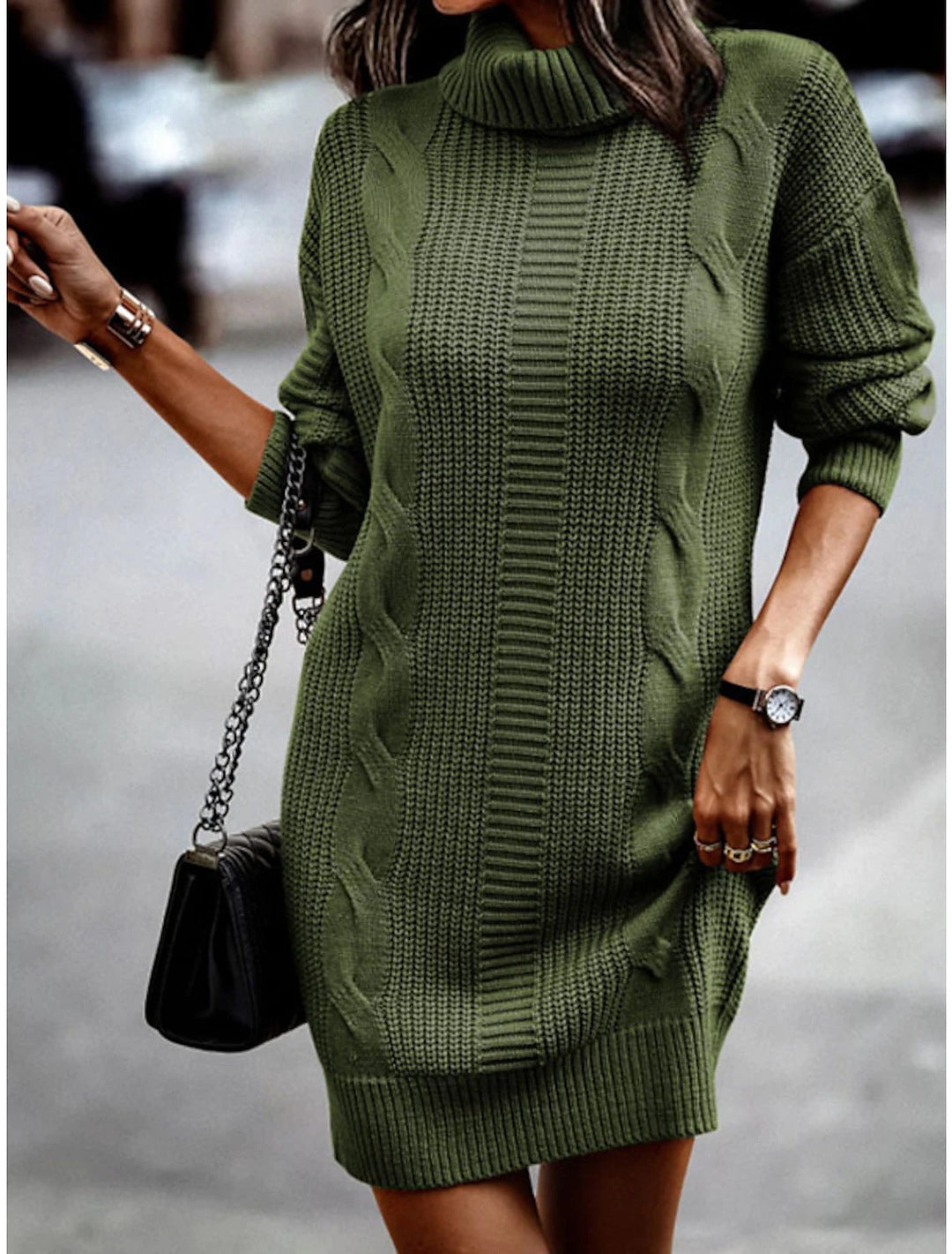Women's Winter Dress Cable Knit with Turtle Neck | Long Sleeve Mini