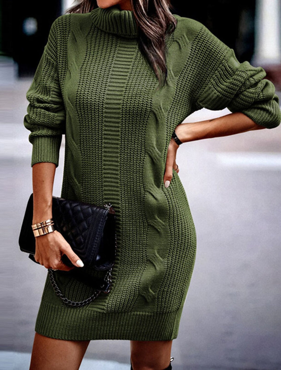 Women's Winter Dress Cable Knit with Turtle Neck | Long Sleeve Mini