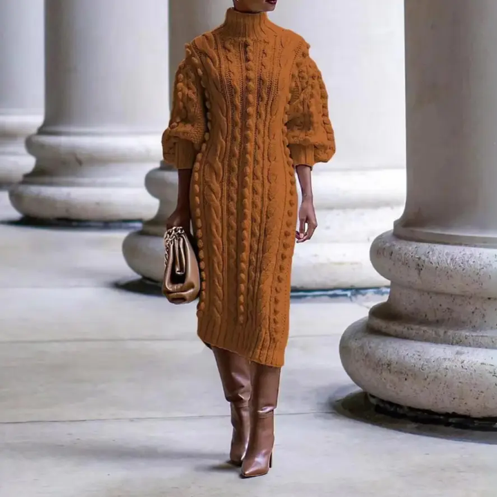 Women's Winter Dress Cable Knit with Turtle Neck & Slit | Midi