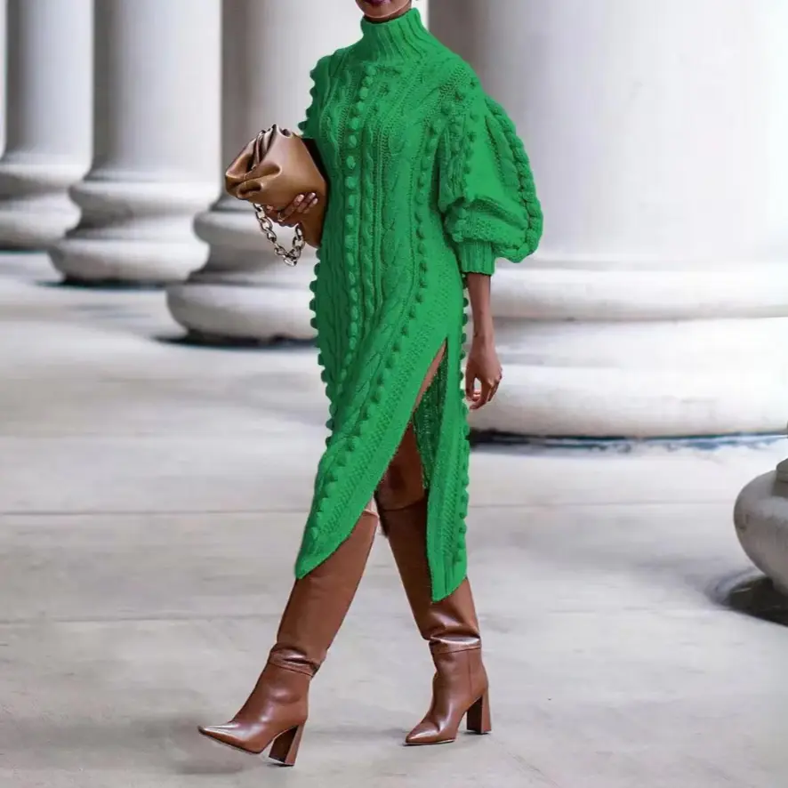 Women's Winter Dress Cable Knit with Turtle Neck & Slit | Midi