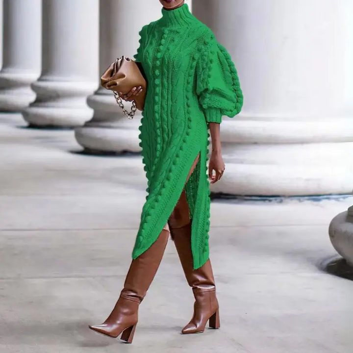 Women's Winter Dress Cable Knit with Turtle Neck & Slit | Midi