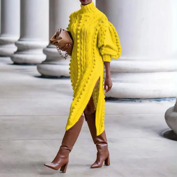 Women's Winter Dress Cable Knit with Turtle Neck & Slit | Midi