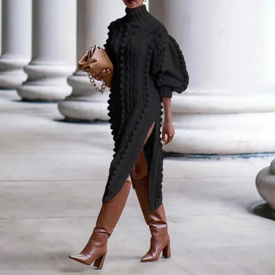 Women's Winter Dress Cable Knit with Turtle Neck & Slit | Midi