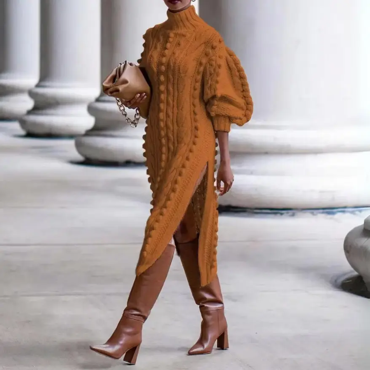 Women's Winter Dress Cable Knit with Turtle Neck & Slit | Midi