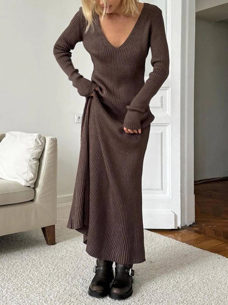 Women's Winter Dress Knit Ribbed Long Sleeve & V-Neck | Maxi