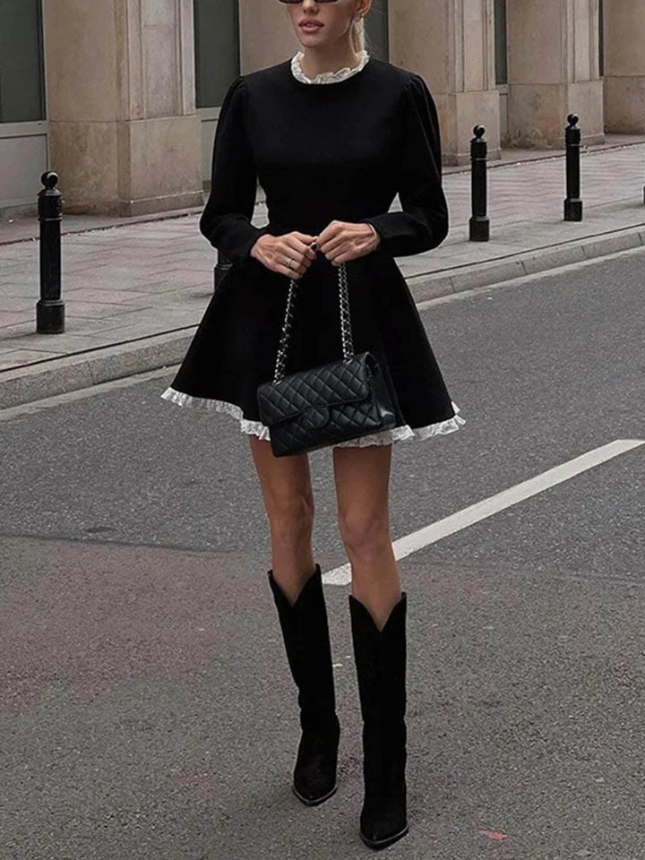 Women's Winter Dress with Long Sleeve & A-Line Ruffle Trim | Mini