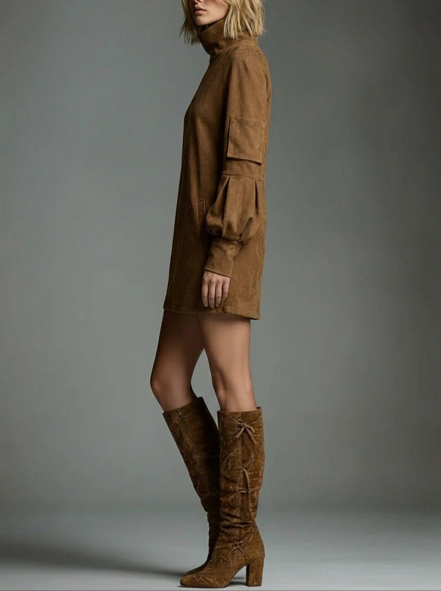Women's Winter Dress with Turtle Neck & Puff Sleeve | Mini