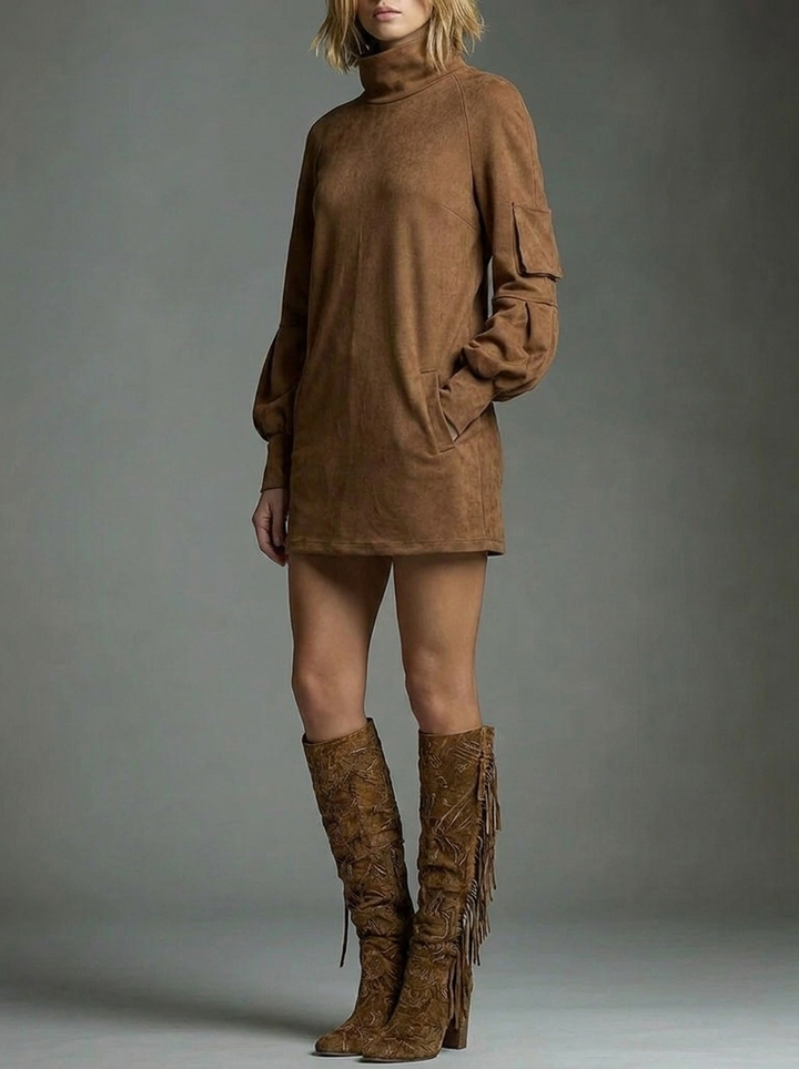 Women's Winter Dress with Turtle Neck & Puff Sleeve | Mini