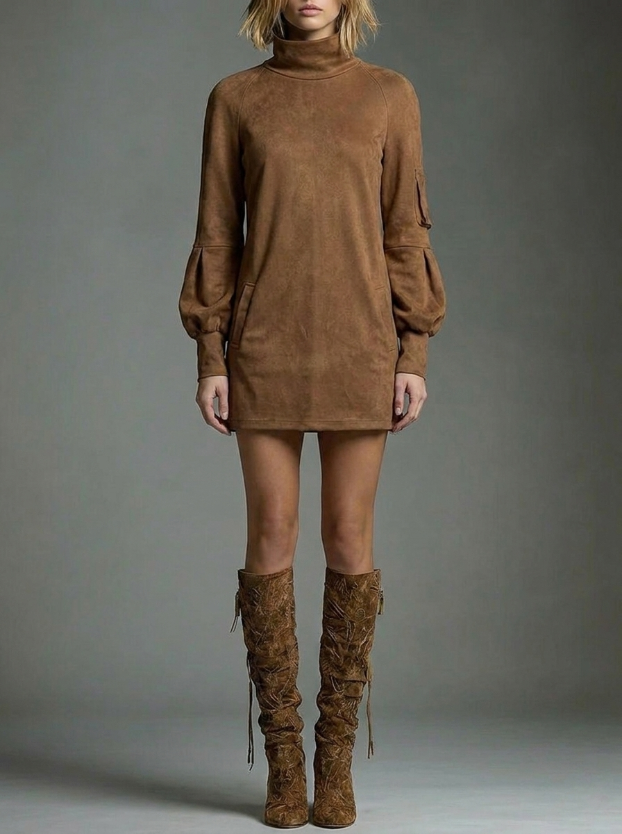 Women's Winter Dress with Turtle Neck & Puff Sleeve | Mini