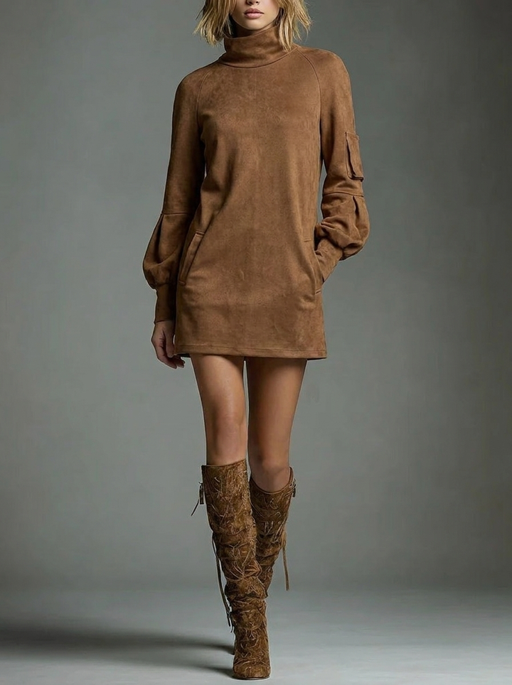 Women's Winter Dress with Turtle Neck & Puff Sleeve | Mini