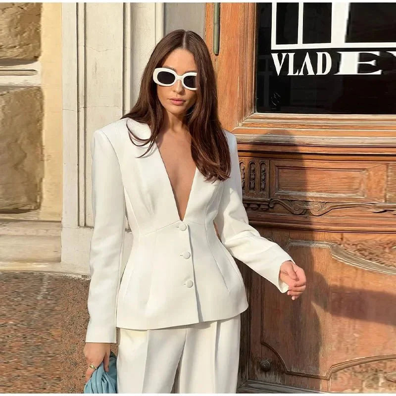 Women's Workwear Two Piece Blazer Set Deep V-Neck | Formal