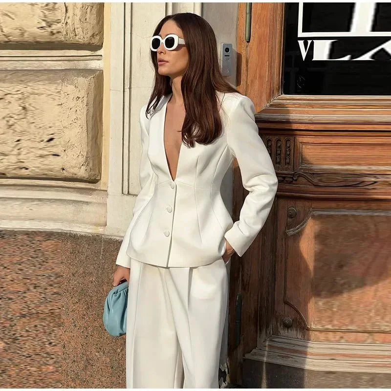 Women's Workwear Two Piece Blazer Set Deep V-Neck | Formal