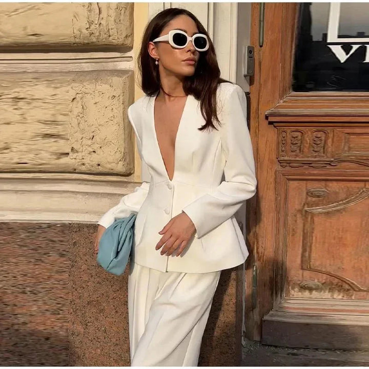 Women's Workwear Two Piece Blazer Set Deep V-Neck | Formal
