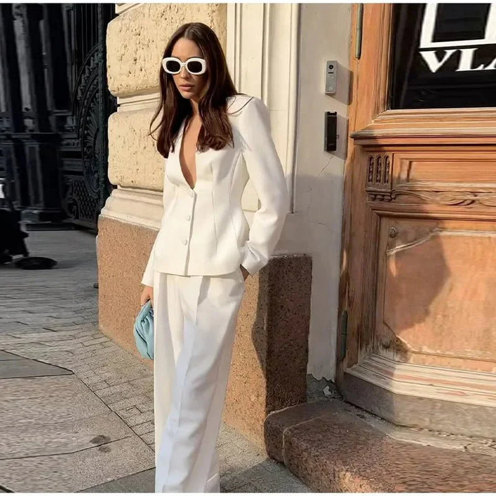 Women's Workwear Two Piece Blazer Set Deep V-Neck | Formal